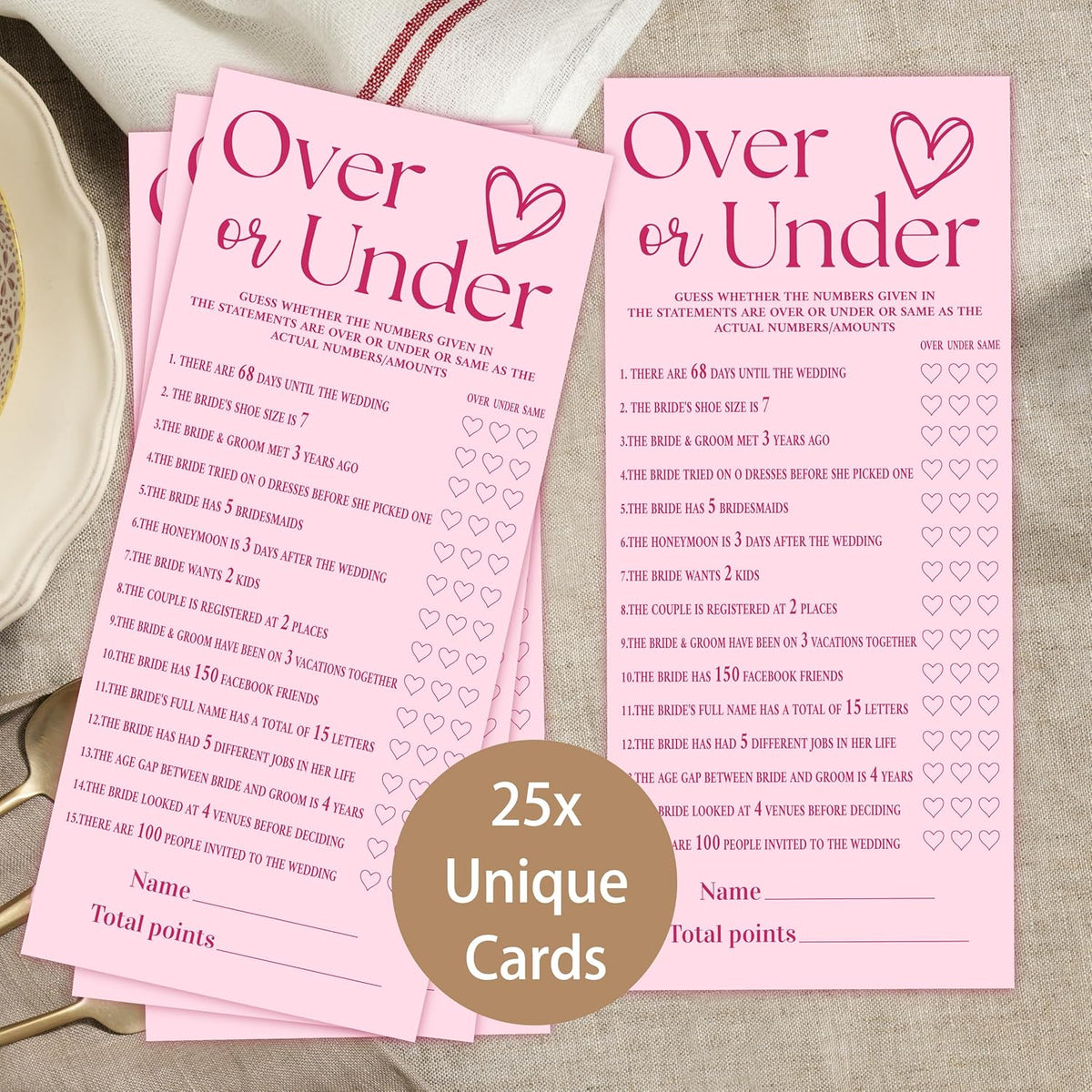 4x9 Inch Wedding Shower Games Cards, Over or Under, Pink Bridal Shower Games for 25 Guests