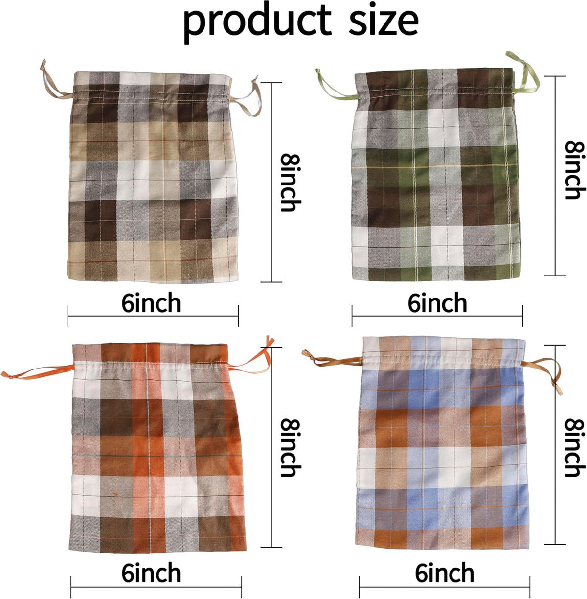 Large Fall Burlap Bags with Drawstrings - Orange Buffalo Plaid, Sage Green Gingham - Reusable Brown