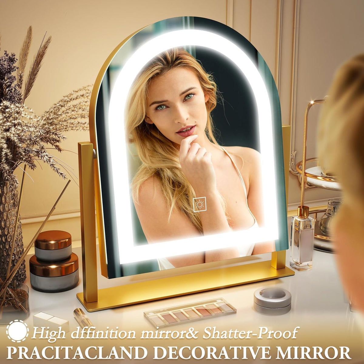 Lighted Makeup Mirror with 3-Color Dimmable Lighting, with Removable 10x Magnifier, Smart Touch