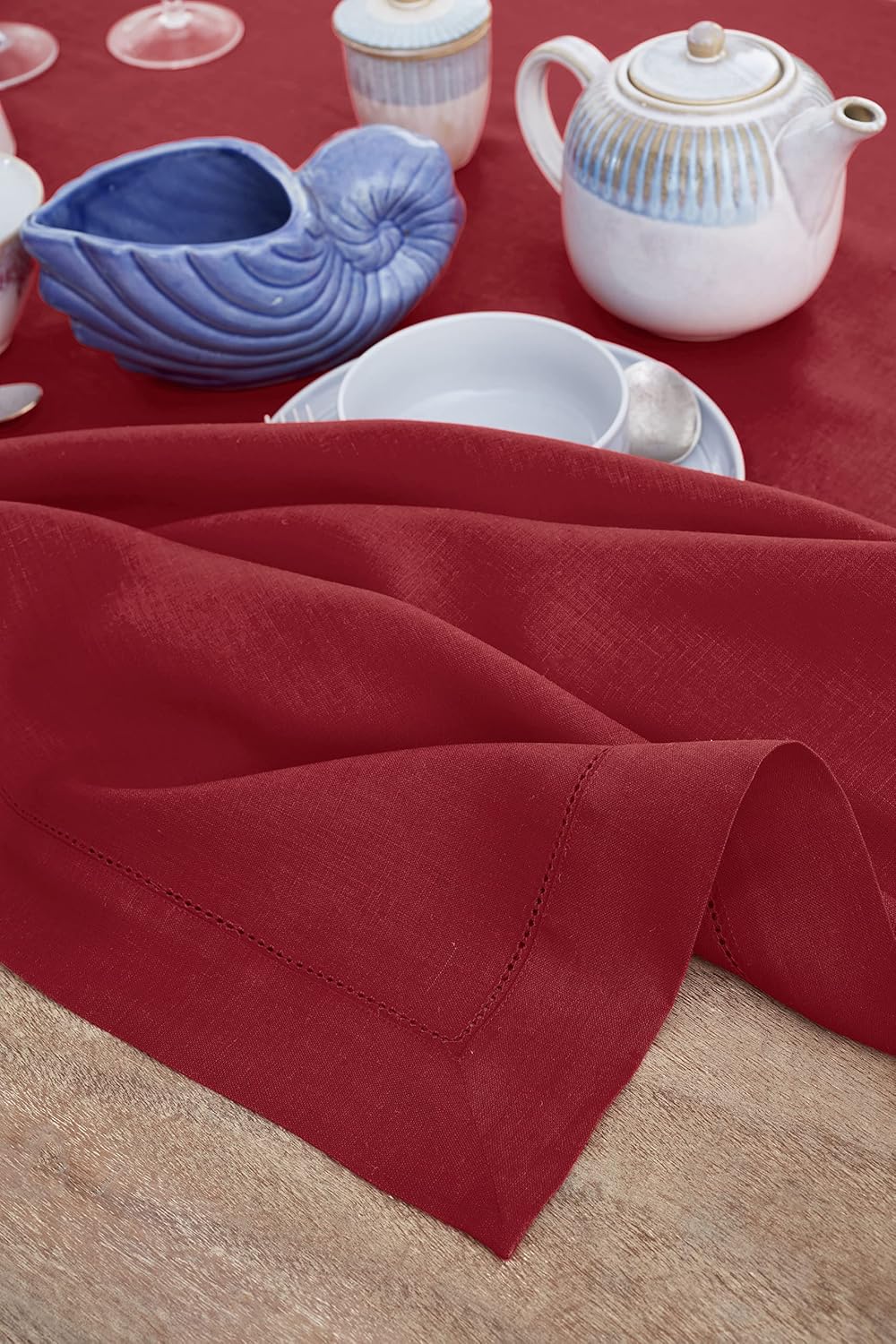 Solino Home Linen Red Tablecloth 60 x 90 Inch - Classic Hemstitch, 100% Pure Linen Rectangular
