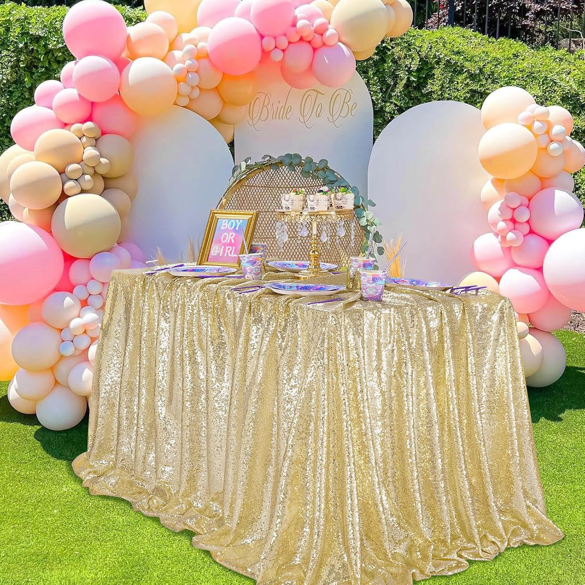 QueenDream Light Gold Sequin Decorative Party Tablecloth: Large Shimmer Dessert Table Overlay