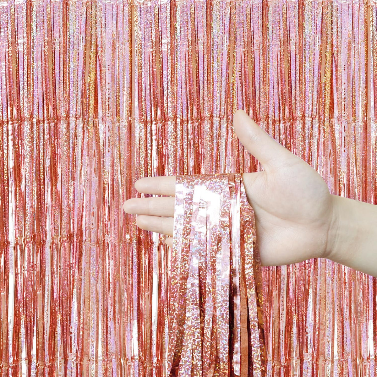 QRabbit 4 Pack Foil Fringe Backdrop Curtains, Rose Gold Party Streamers Photo Booth Props for