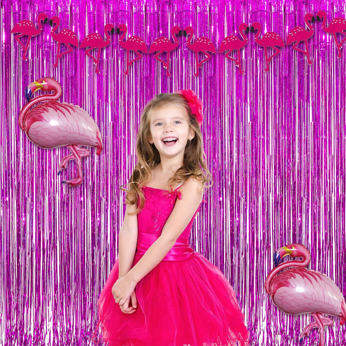 Magenta Tinsel Curtain Party Backdrop - GREATRIL Foil Fringe Curtain Photo Booth Streamers for