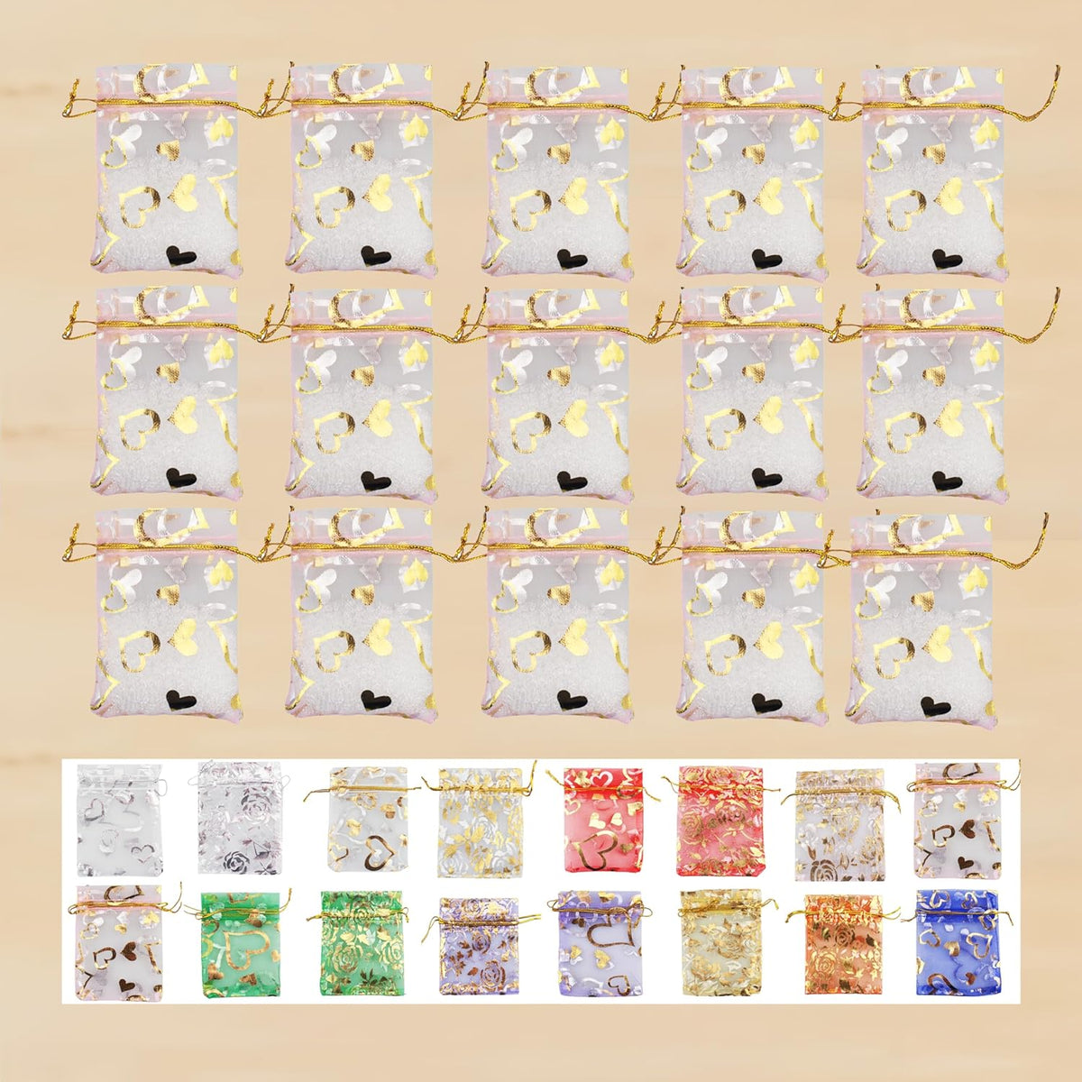 100 Pack 2.8 x 3.5 Inch Flower Heart Organza Jewelry Gift Pouch Candy Pouch Drawstring Wedding