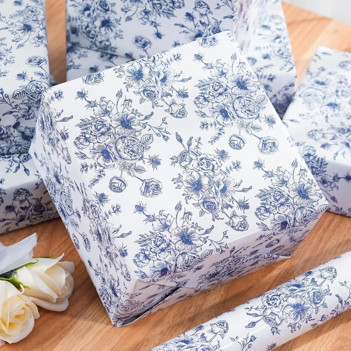 Ulmasinn Blue Floral Wrapping Paper Roll - 17 Inches x 33 Feet - Vintage Toile Blue Floral Design