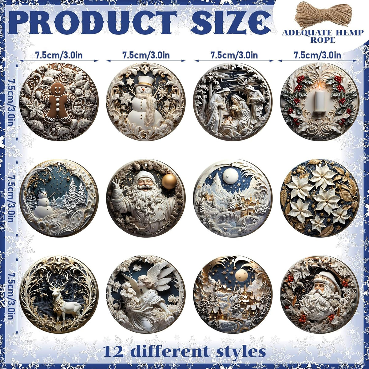 Suzile 36 Pcs Christmas Wooden Ornaments Vintage Christmas Decoration White Sculpture Hanging Decor