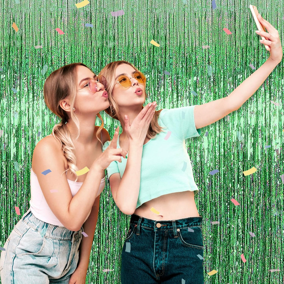 3 Pack Light Green Foil Fringe Curtain Backdrop, 3.28Ft x 8.2Ft Metallic Tinsel Foil Fringe