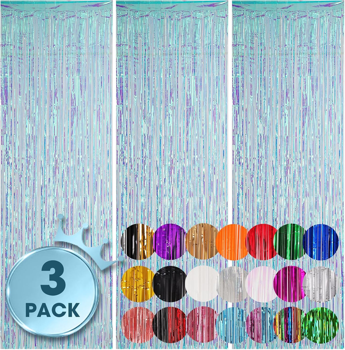 3 Pack 3.3x8.2 Feet Neon Iridescent Foil Fringe Backdrop Curtains, Tinsel Streamers Birthday Party