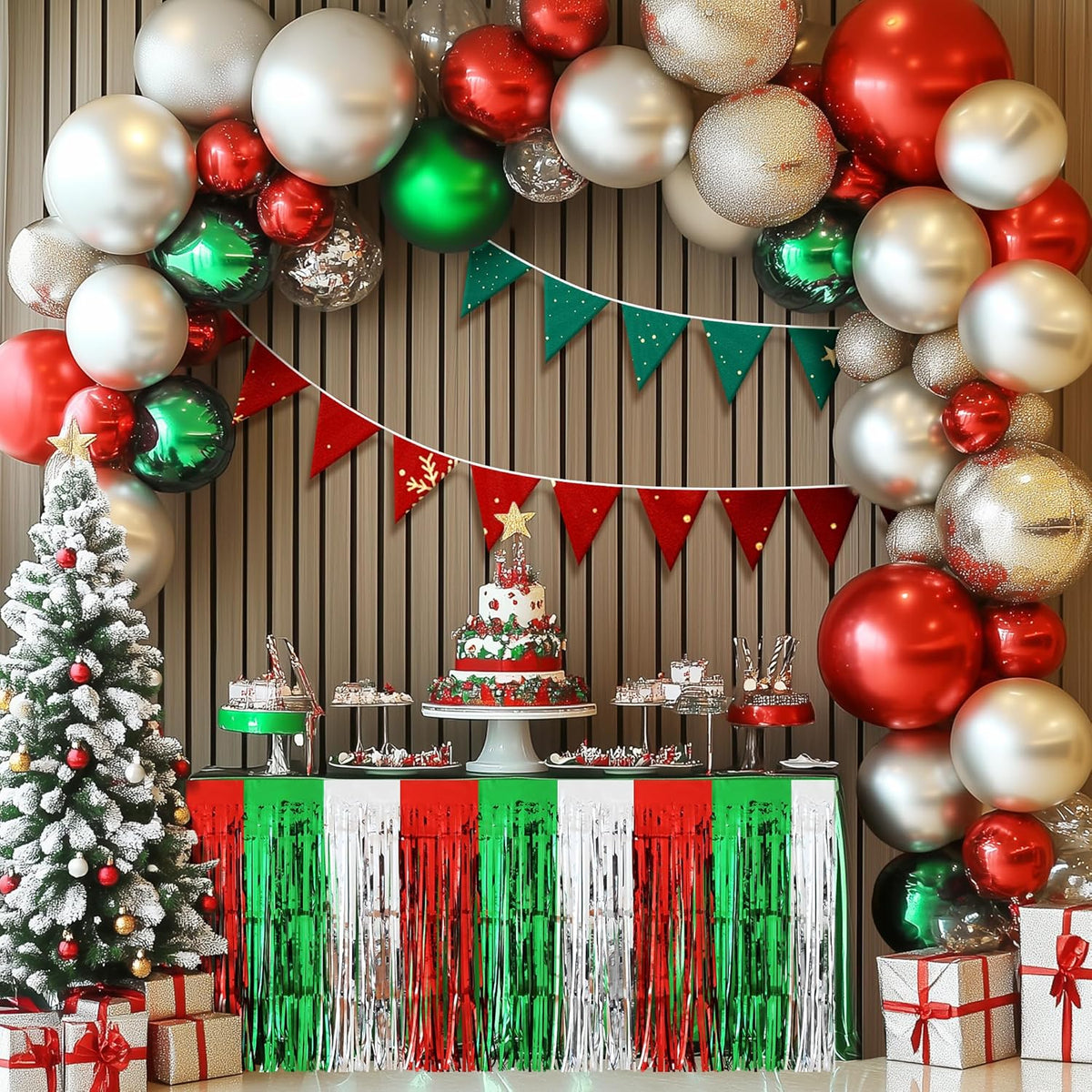 2 Pack Christmas Table Skirts, 29x108" Red & Silver & Green Metallic Foil Tinsel Fringe Table