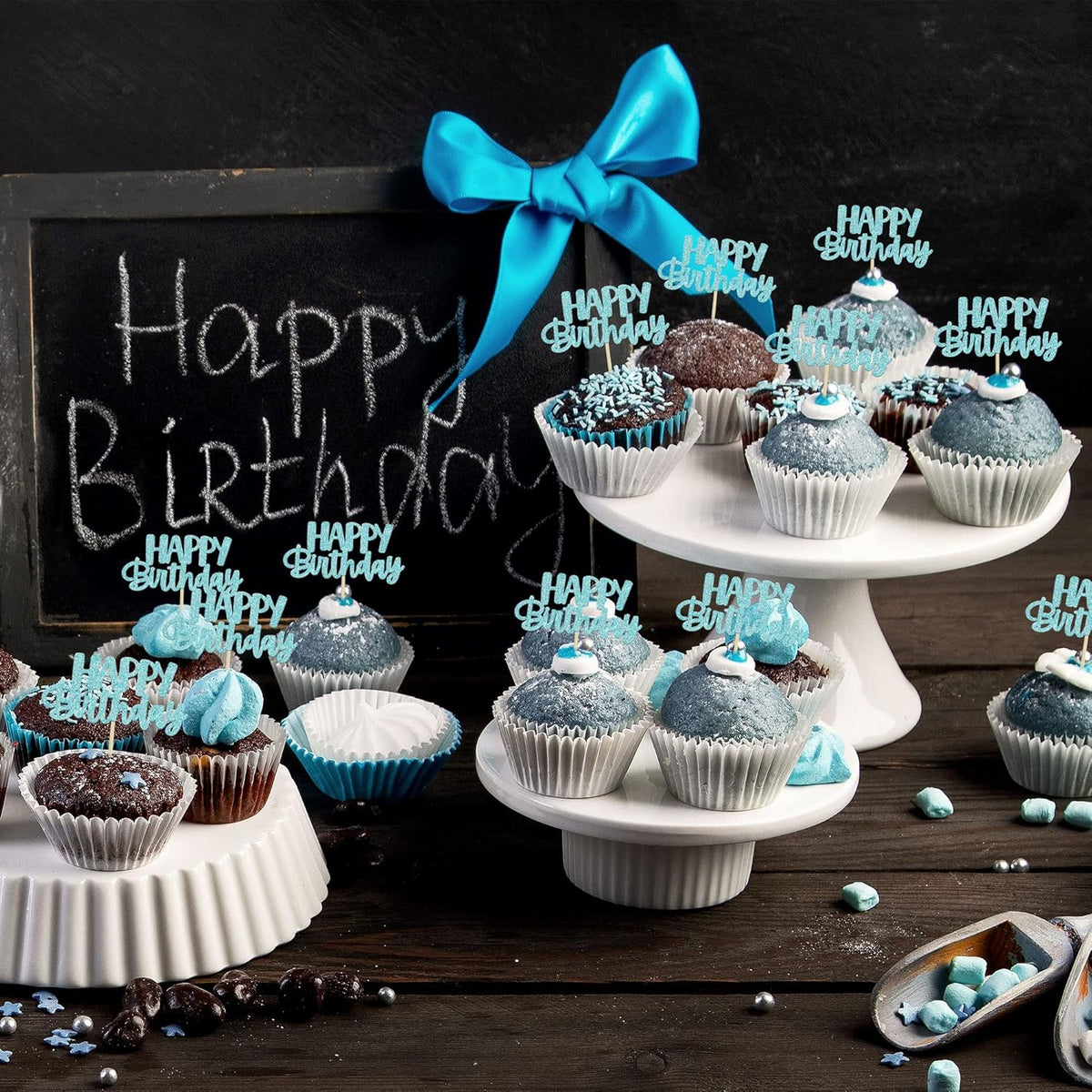 Gyufise 24Pcs Happy Birthday Cupcake Toppers Glitter Birthday Cupcake Food Picks for Celebrating