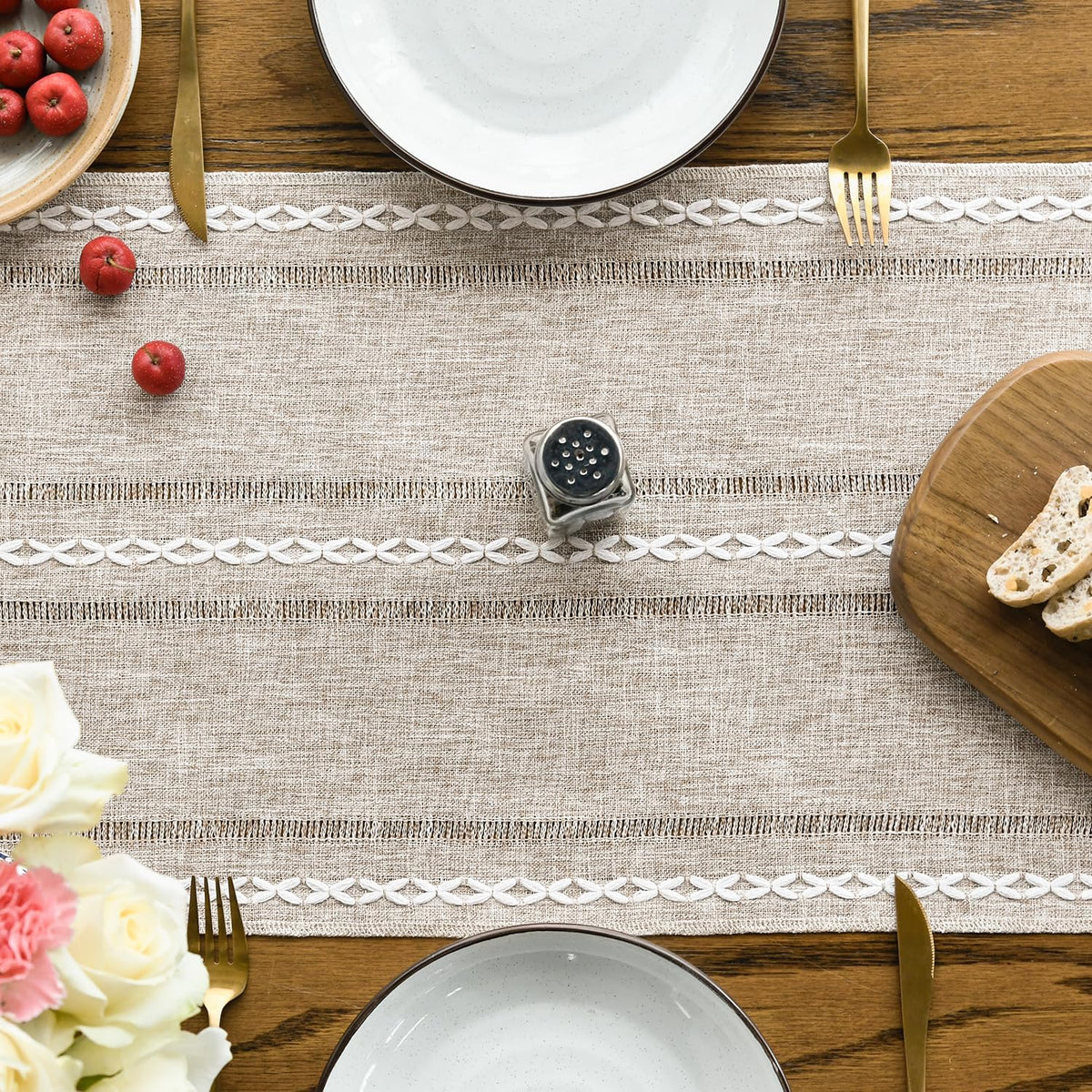 Artoid Mode Brown Rustic Cotton Linen Table Runner, Seasonal Embroidered Hollow Kitchen Dining