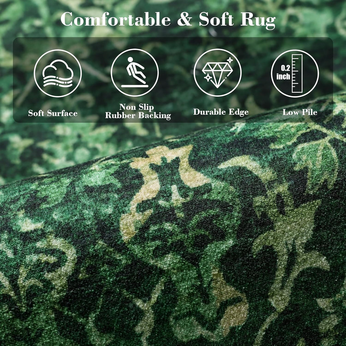 Dark Green 3x10 Runner Rug for Hallways Bed Side Kitchen, Boho Washable Distressed Low-Pile Floor
