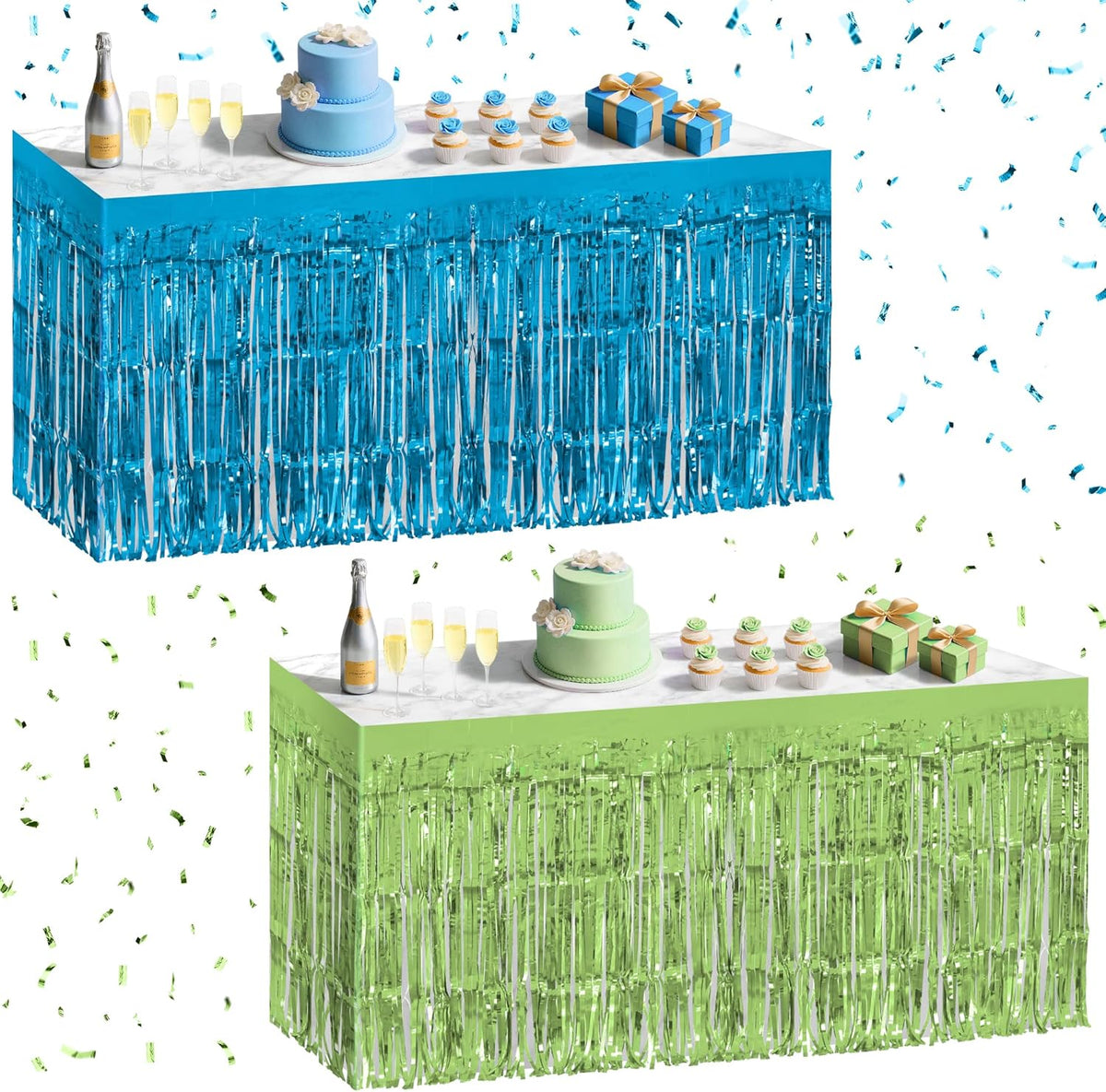 2 Pack Lake Blue Lime Green Table Skirts, 29x108" Metallic Foil Tinsel Fringe Table Skirt for