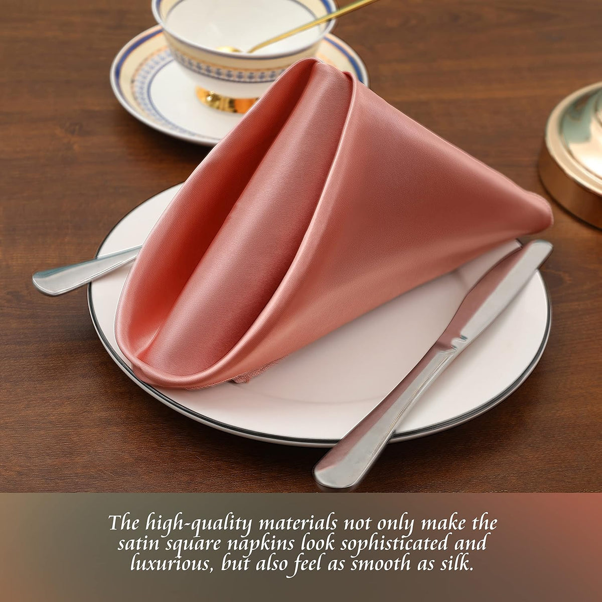 Manyshofu 50 Pieces Rose Gold Satin Napkins - 12x12 Inches Cloth Napkins, Square Satin Fabric