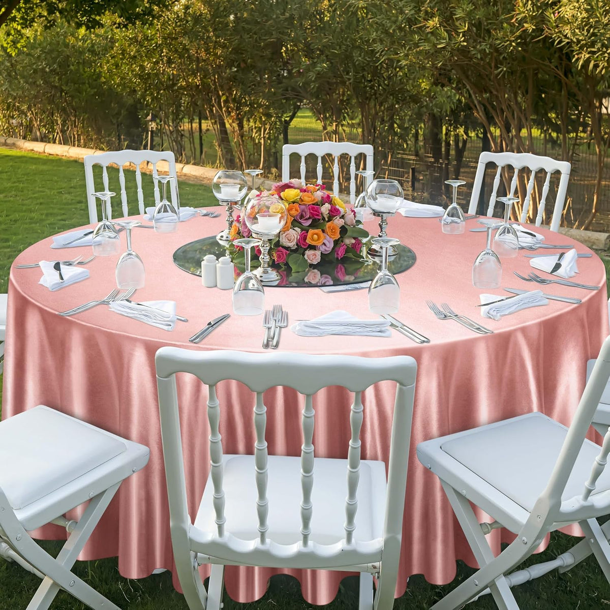 Ruisita 120 Inches Round Satin Tablecloths Rose Gold Overlay Round Satin Table Cover Bright Silk