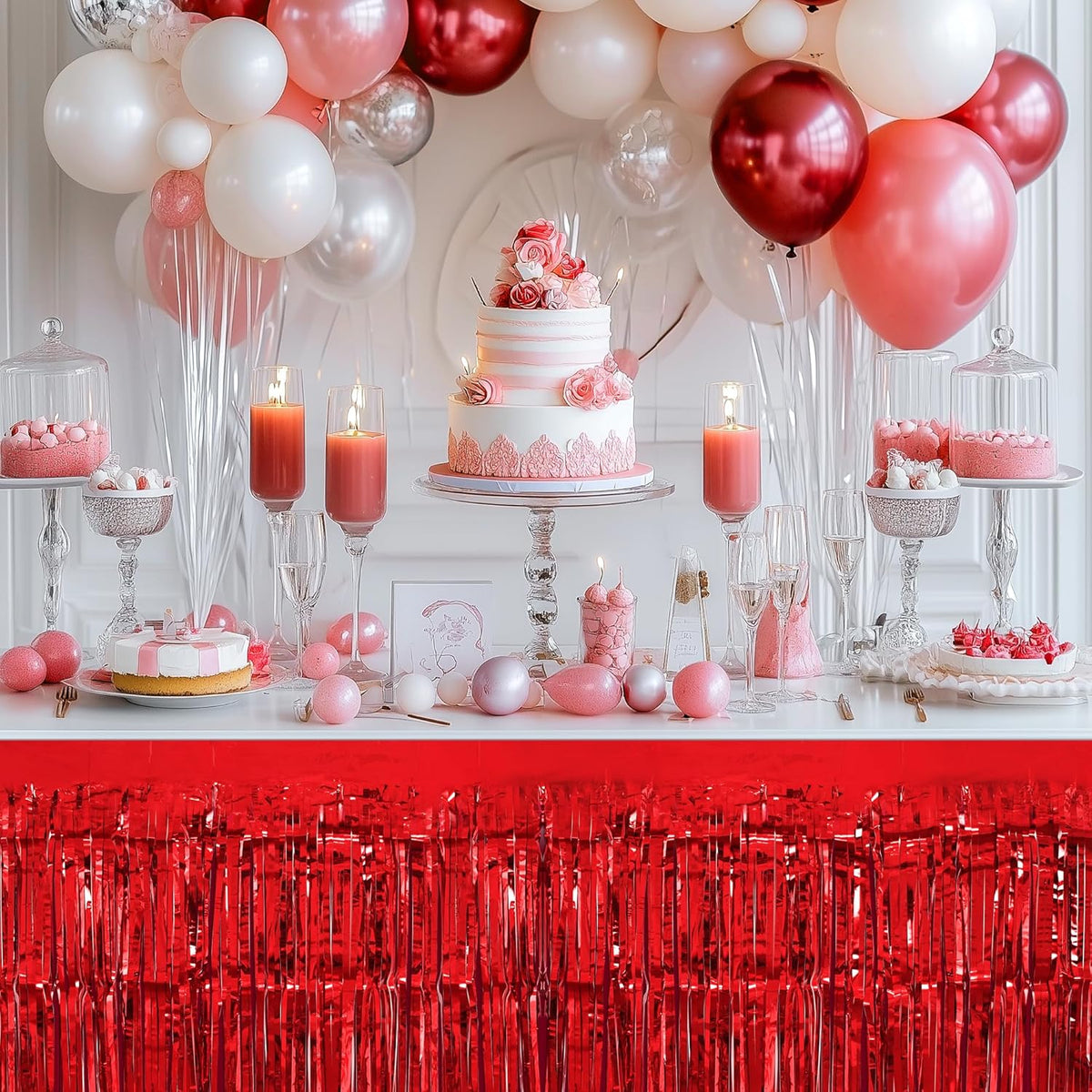 2 Pack Red Table Skirts, 29x108" Metallic Foil Tinsel Fringe Table Skirts for Rectangle Tables
