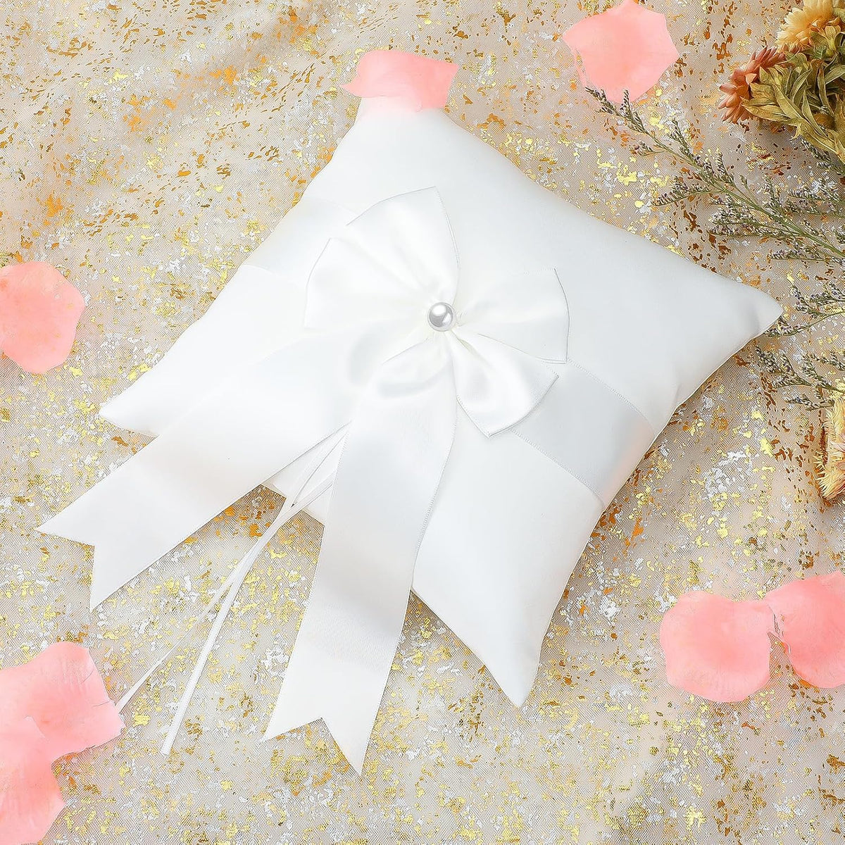Wedding Ring Pillow Fairy Pearl Ivory Ring Bearer Cushion Bowknot Pocket Rings Bearer Pillow Holder