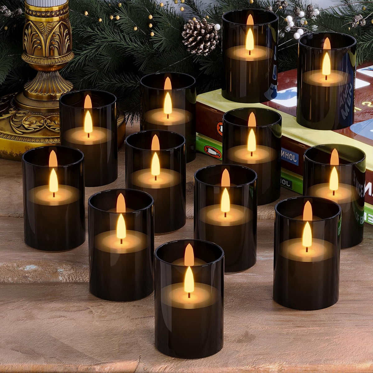 12Pack Flickering Flameless LED Candles with Timer, Battery Powered - Small Pillar & Votive, Black