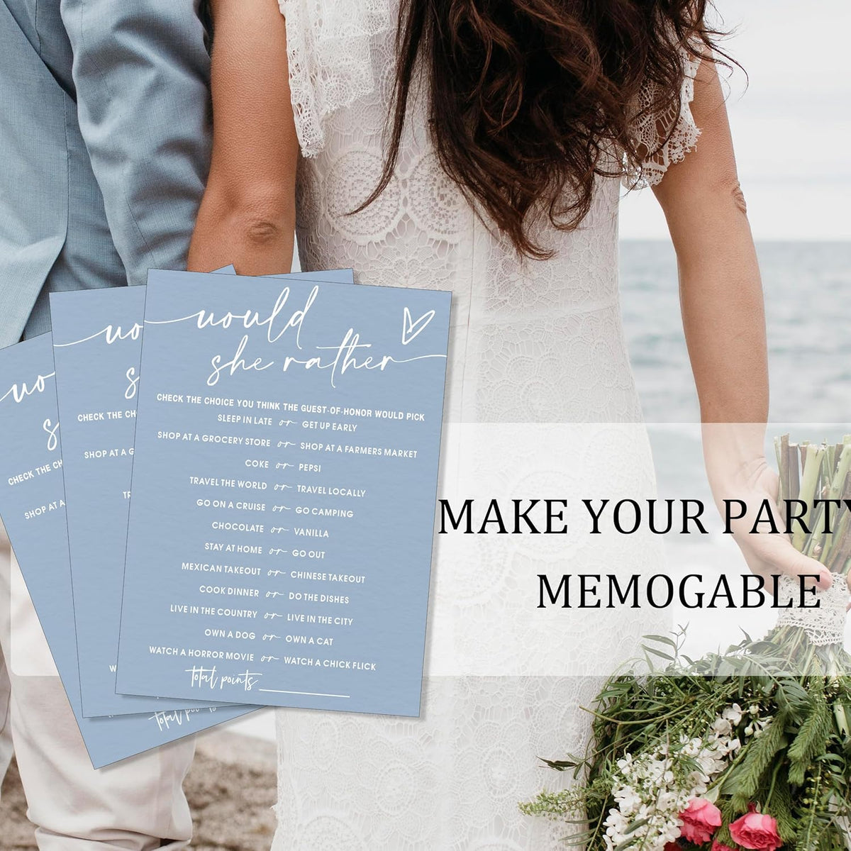 Fun Blue Bridal Shower Games Cards, Would She Rather Bridal Shower Game for 25 Guests