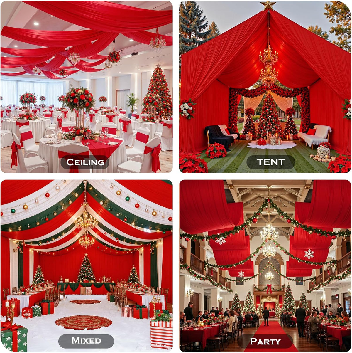 PartyVillage 20ftx40ft Red Ceiling Curtain for Wedding Parties – 4 Panels Wrinkle-Free 40 FT Long