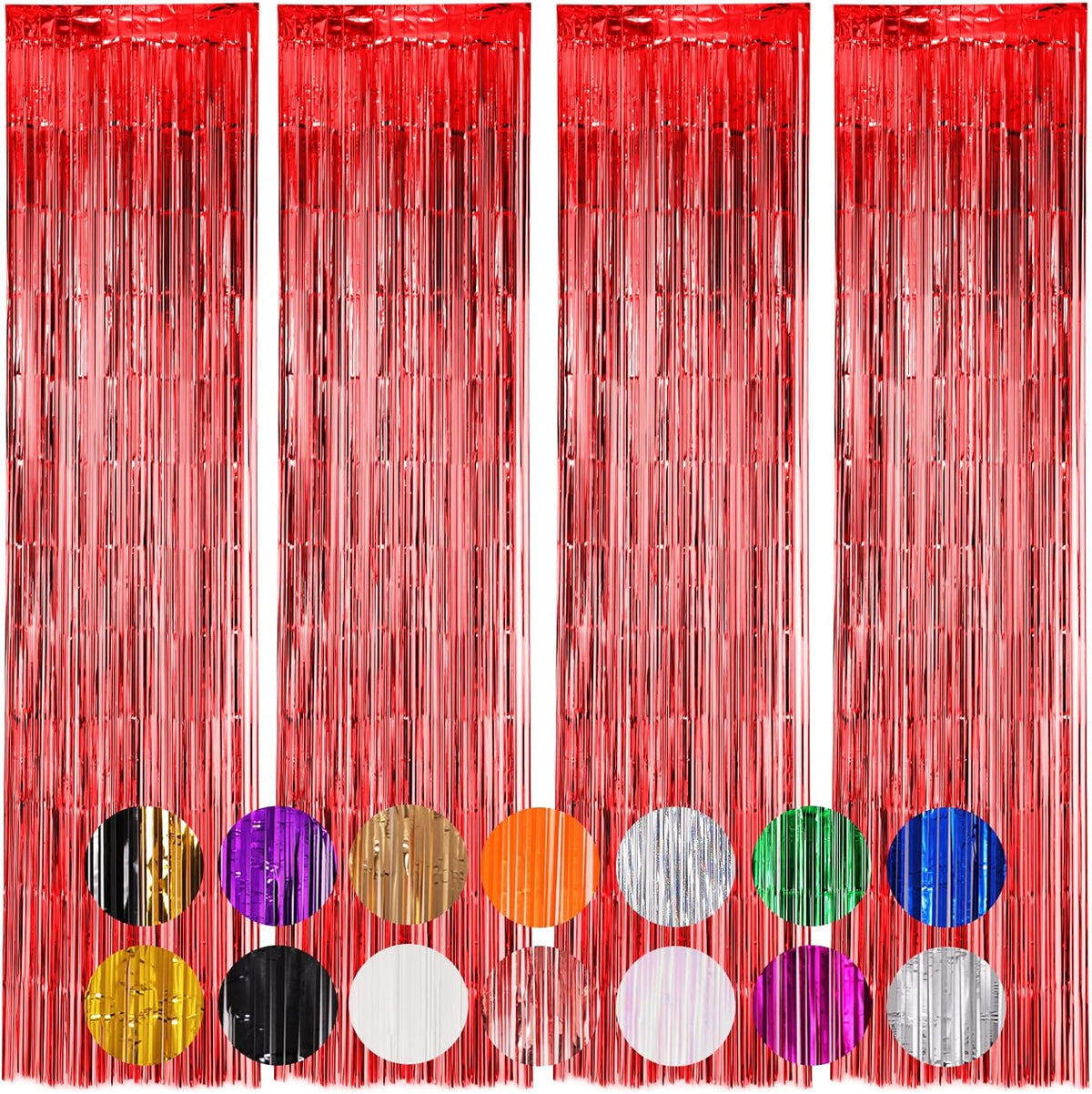 4 Pack Red Foil Fringe Backdrop Curtains, Tinsel Streamers Birthday Party Decorations, Fringe
