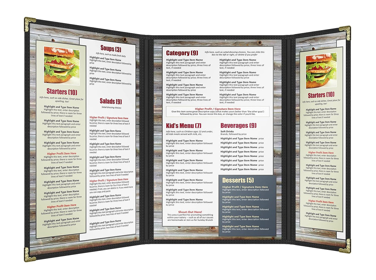 Goodsmart Restaurant Menu Covers – 25 Pack Black 6 Views Trifold, Side-Loading Menu Holders, Vinyl