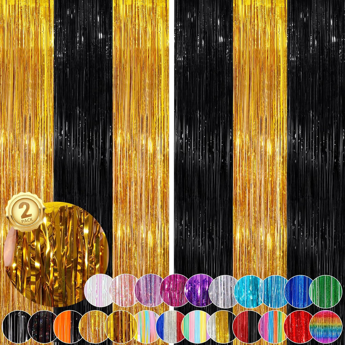 Black Gold Streamer Tinsel Foil Fringe Curtains Streamer 2Pack 3.3X 8.3Ft Streamer Tinsel Streamer