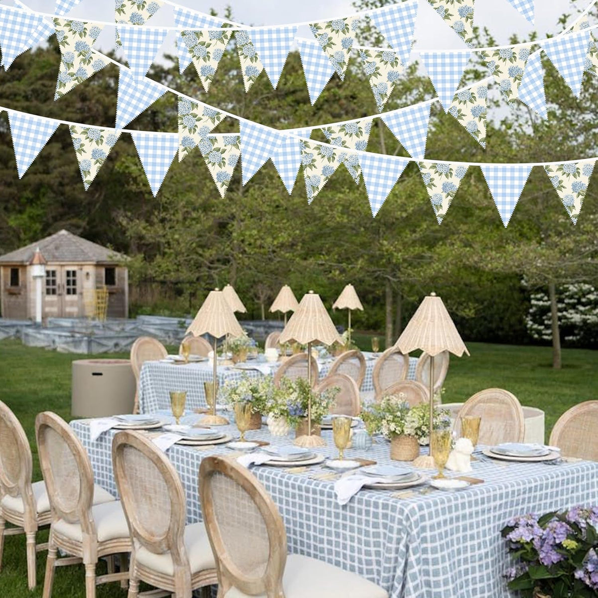 32Ft Blue Flora Party Decorations Blue Gingham HydrangeaTriangle Flag Fabric Banner Pennant Garland