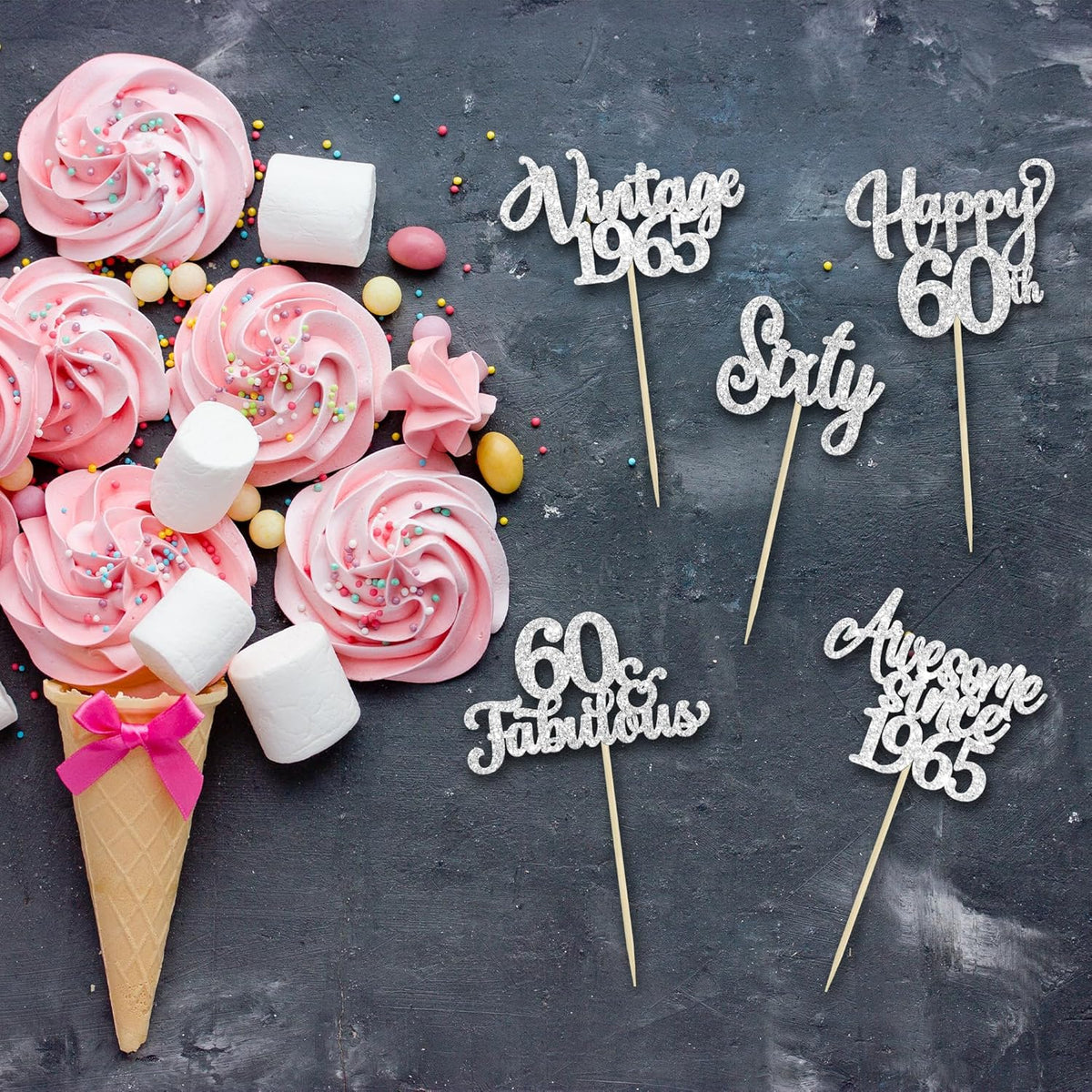 30Pcs Happy 60th Birthday Cupcake Toppers Glitter Sixty Vintage 1965 Cupcake Picks Cheers to 60