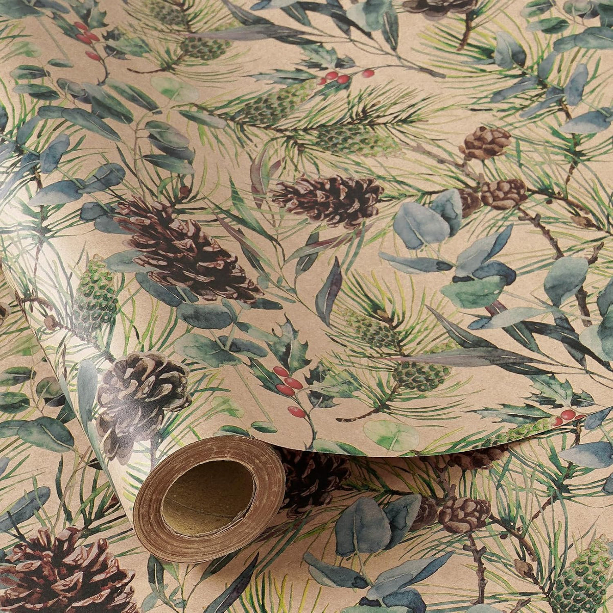 RUSPEPA 30" X 100' Kraft Christmas Wrapping Large Paper Roll, Jumbo Roll, Watercolor Pinecone and