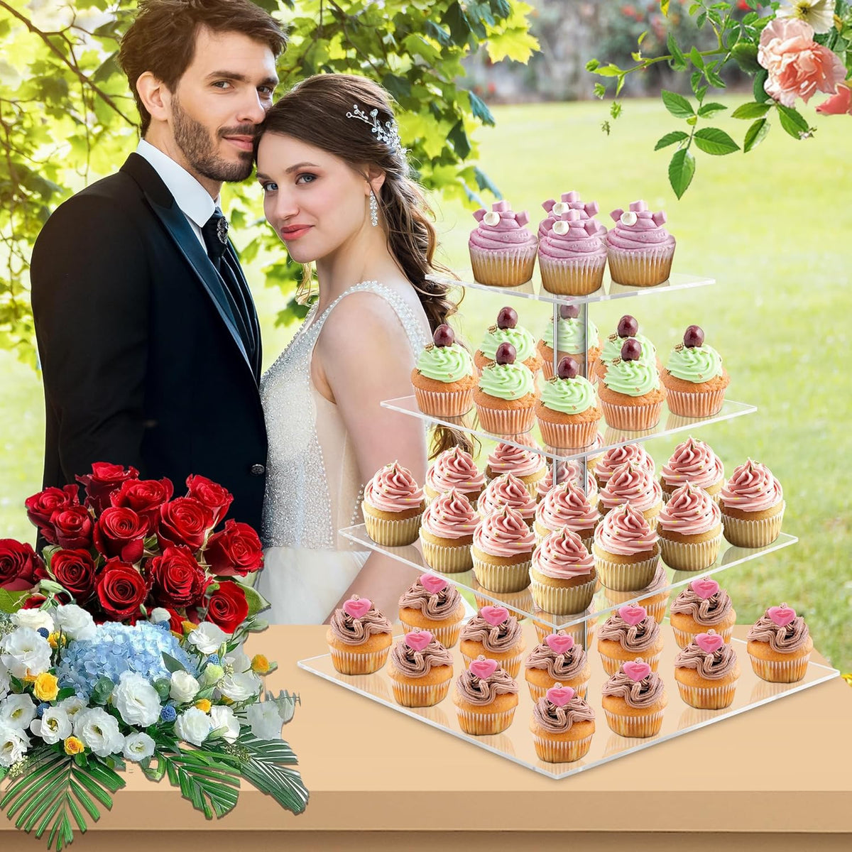 YestBuy 4 Tier Acrylic Cupcake Stand, Premium Cupcake Holder, Acrylic Cupcake Tower Display Cady