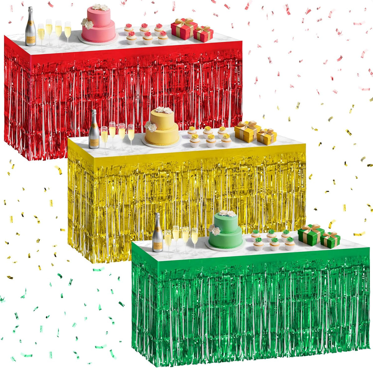 3 Pack Red Green Gold Table Skirts, 29x108" Metallic Foil Tinsel Fringe Table Skirt for Rectangle