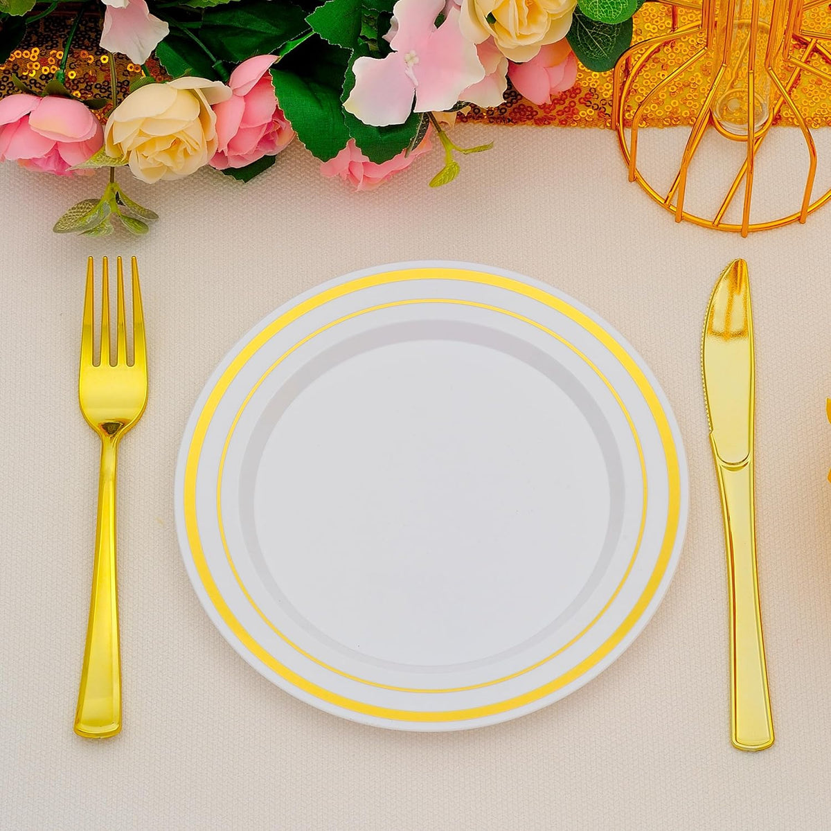 200pcs Gold Dessert Plates with Forks for 100 Guests-100pcs 7.5" Small Plastic Dessert Plates and
