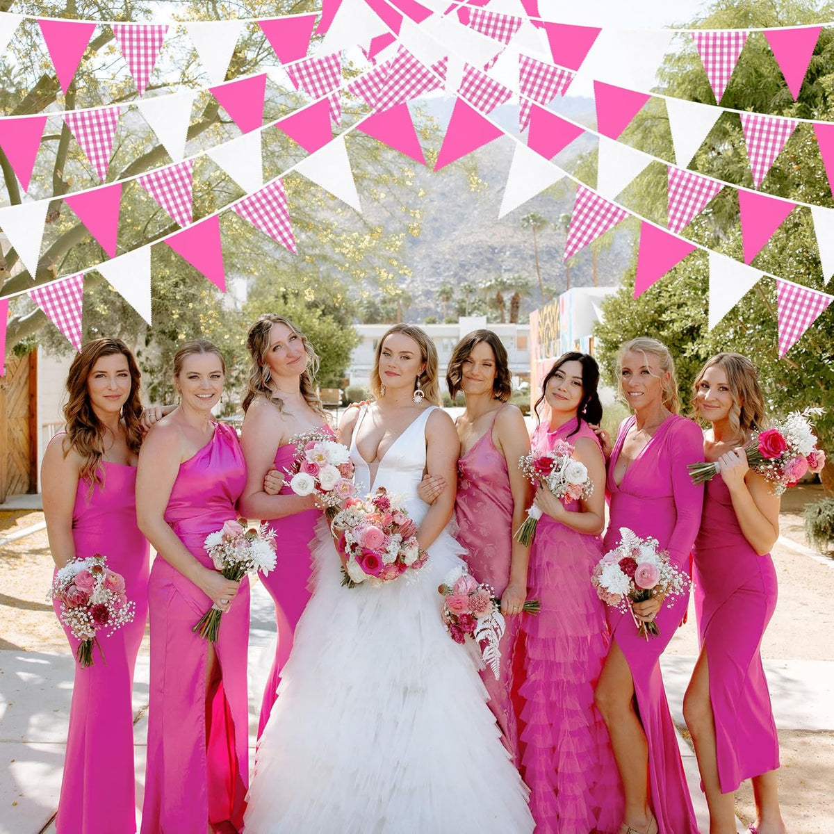 32Ft Hot Pink Party Decorations Pink Buffalo Plaid Checkered White Triangle Flag Gingham Pennant