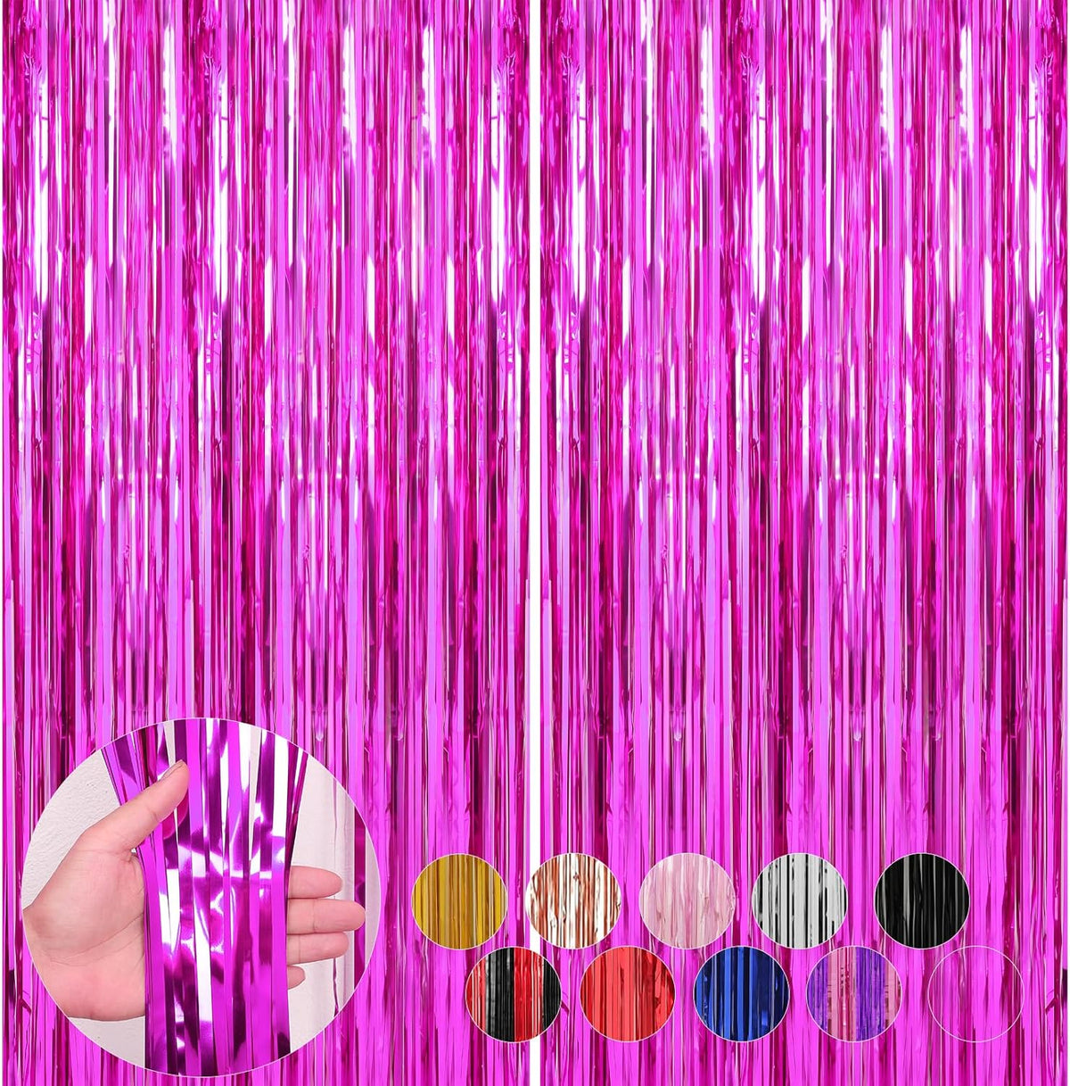 2 Pack Hot Pink Foil Fringe Curtains Streamers Party Decorations 3.3 x 8.2 ft, Tinsel Curtain