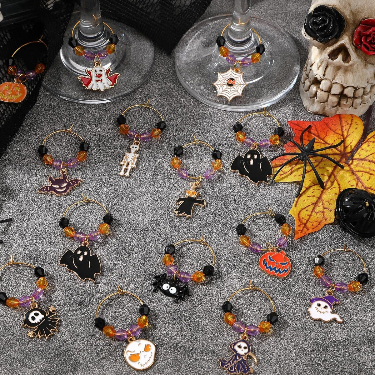 SANNIX 24Pcs Halloween Wine Charms, Wine Charms for Stem Glasses, Glass Identifiers for Halloween