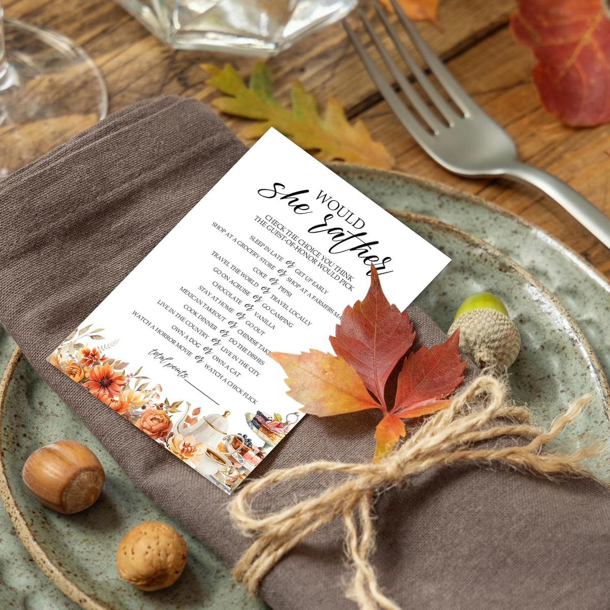 Fall Bridal Shower Games Cards, Would She Rather Wedding Bachelorette Party Games, Fall in Love