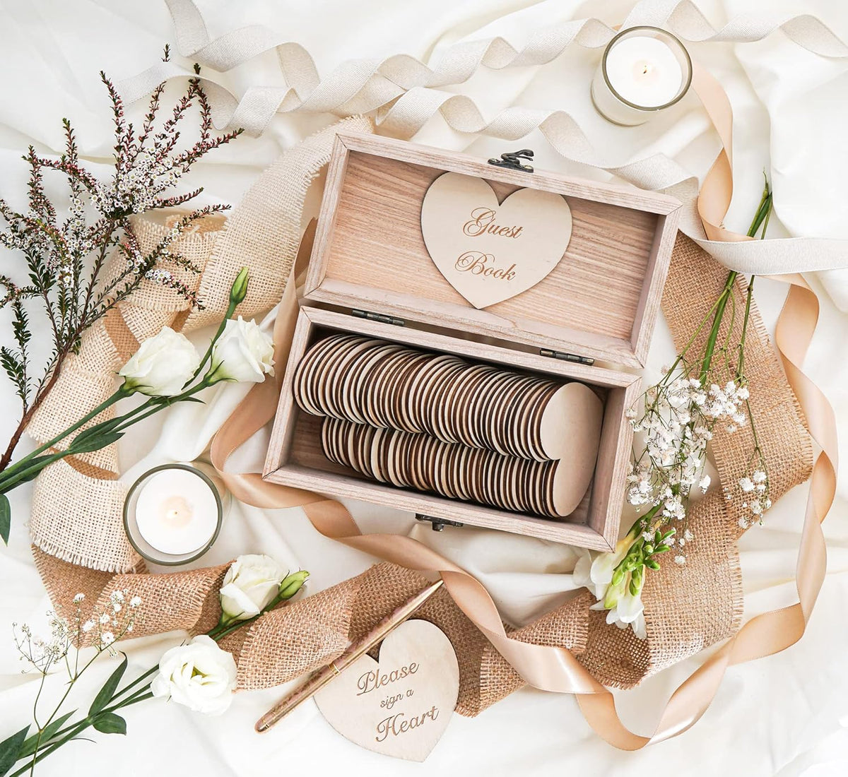 Jecor Alternative Guest Book Box - Wedding Guest Book Alternative - 62 Large Wooden Hearts - Also
