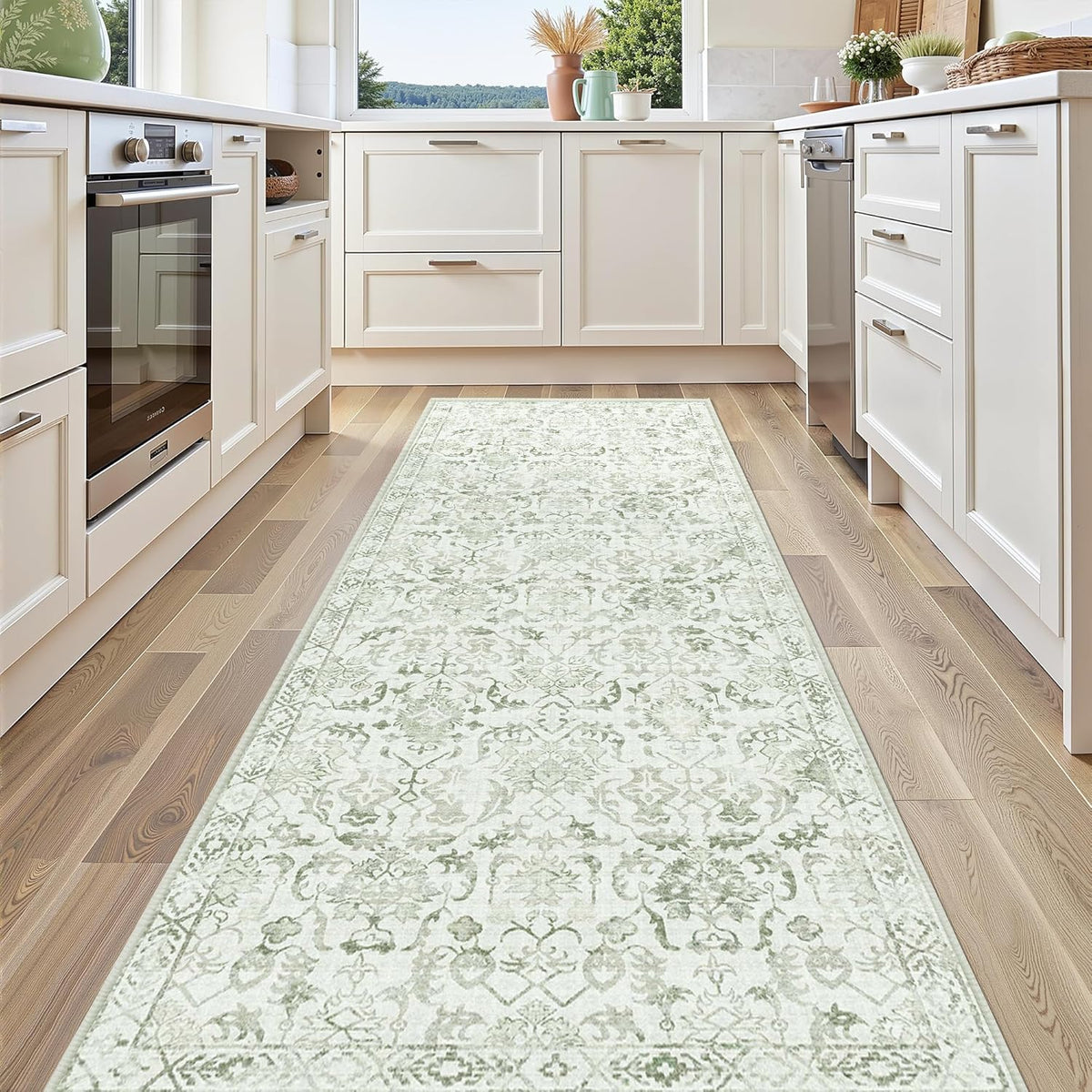 Sage 3x10 Runner Rug for Hallways Bed Side Kitchen, Boho Washable Distressed Low-Pile Floor