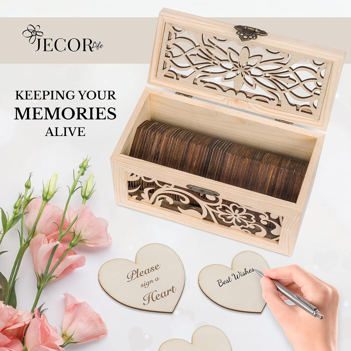 Alternative Guest Book Box - Wedding Guest book Alternative - 62 Large Wooden Hearts - Also for