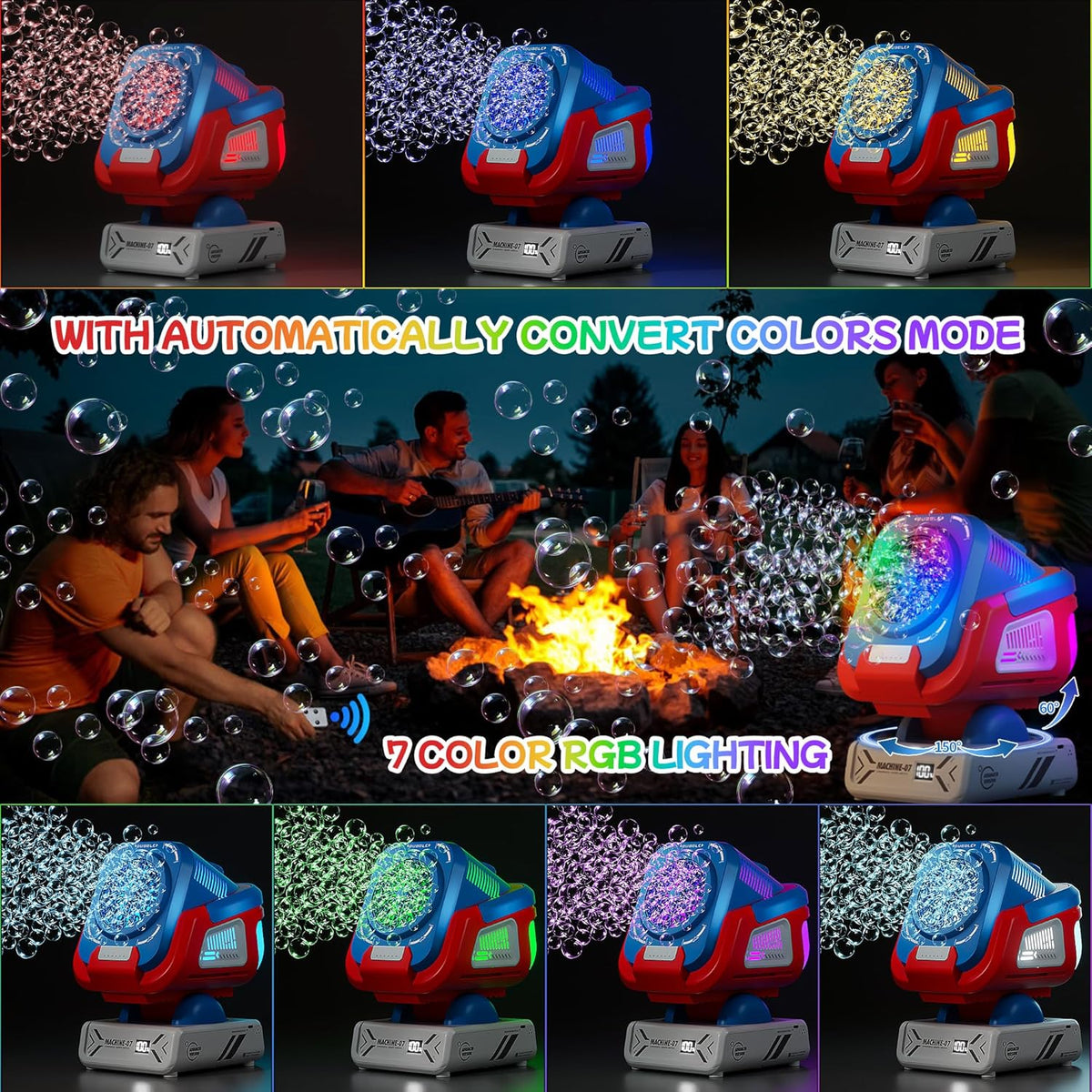 2025 Upgraded Bubble Machine with Remote Control, Automatic Rotation & RGB Lights, 1800mAh