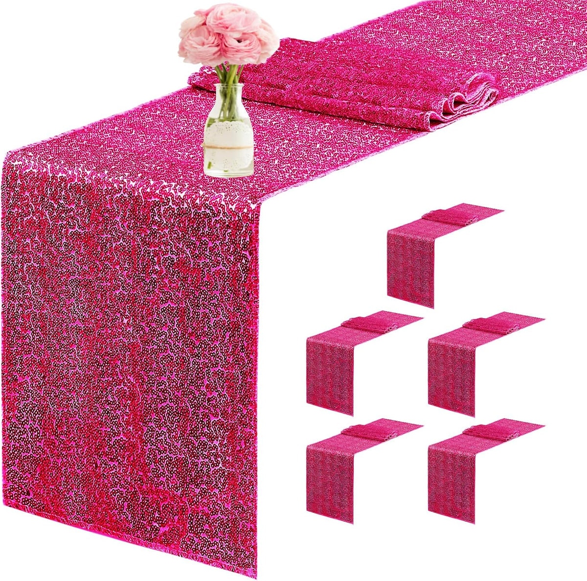 6 Packs 12 x 72 inches Sequin Table Runner, Hot Pink Glitter Table Runner for Birthday Party