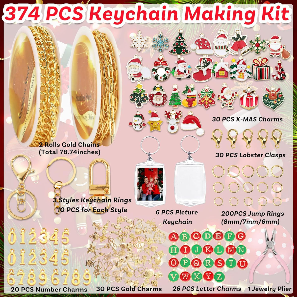 Namifin 374 Pcs Christmas Keychain Making Kit with Charms & Keychain Clips - DIY Bag Charms, Pearl
