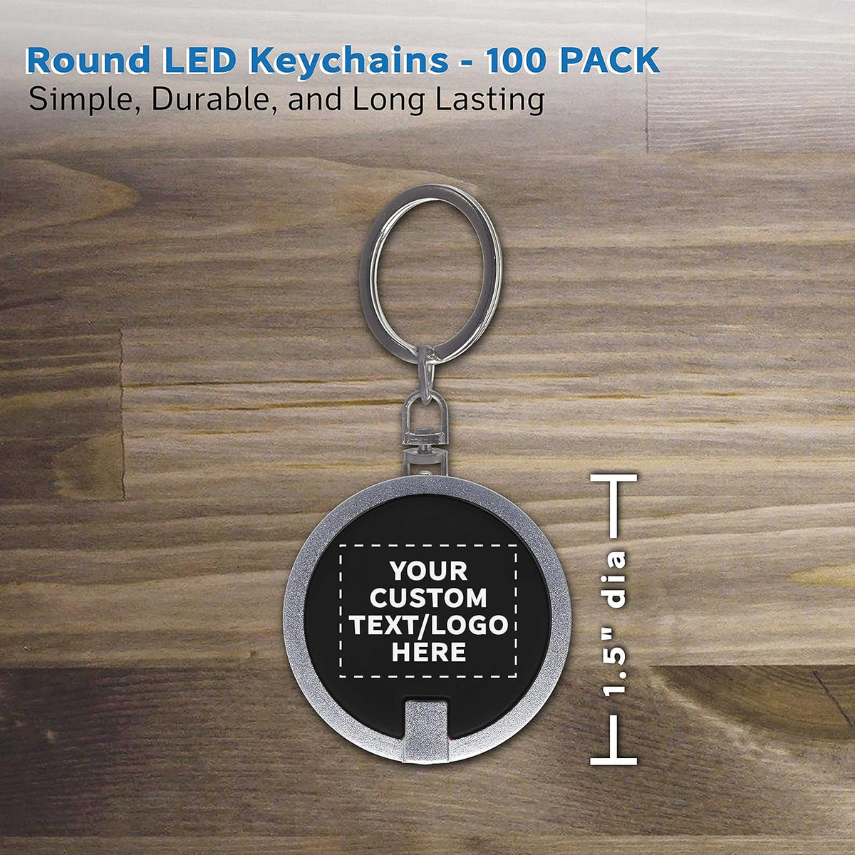 DISCOUNT PROMOS 100 Round LED Keychains - Customizable Text, Logo - Battery included, Plastic