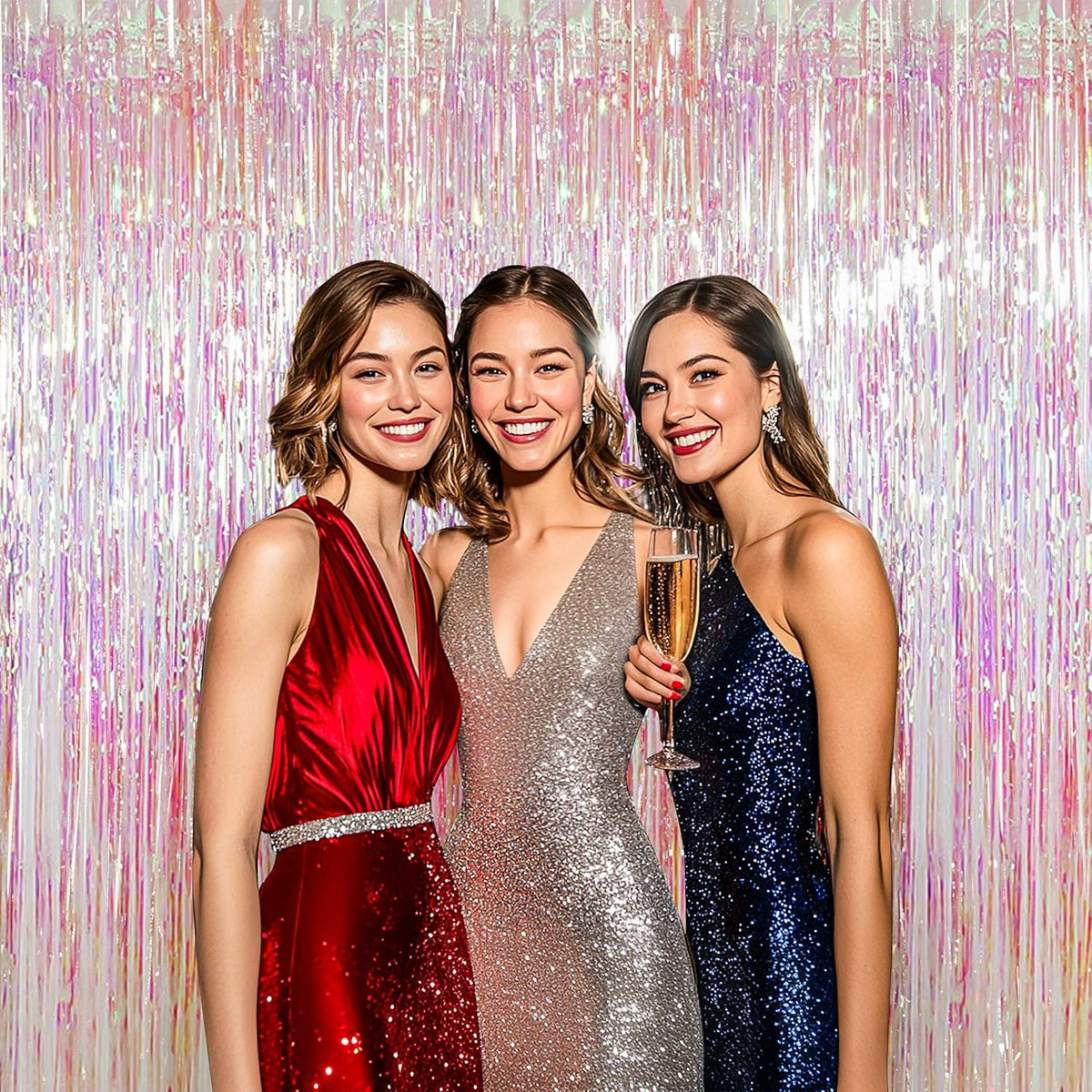 BTSD-home 4 Pack Iridescent Backdrop Transparent Clear Foil Fringe Curtain, Metallic Photo Booth