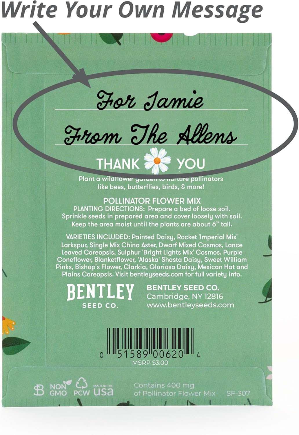 Bentley Seed Co. Thank You Packet - Pollinator Flower Mix - 25 Seed Packets - Perfect Eco-Friendly
