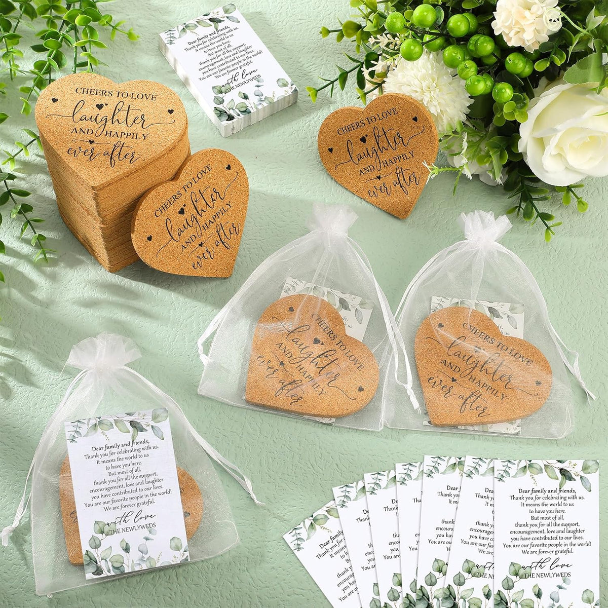 Uiifan 25 Set Wedding Favors for Guest Coaster Gifts Bulk Heart Shaped Coasters Thank You Cards
