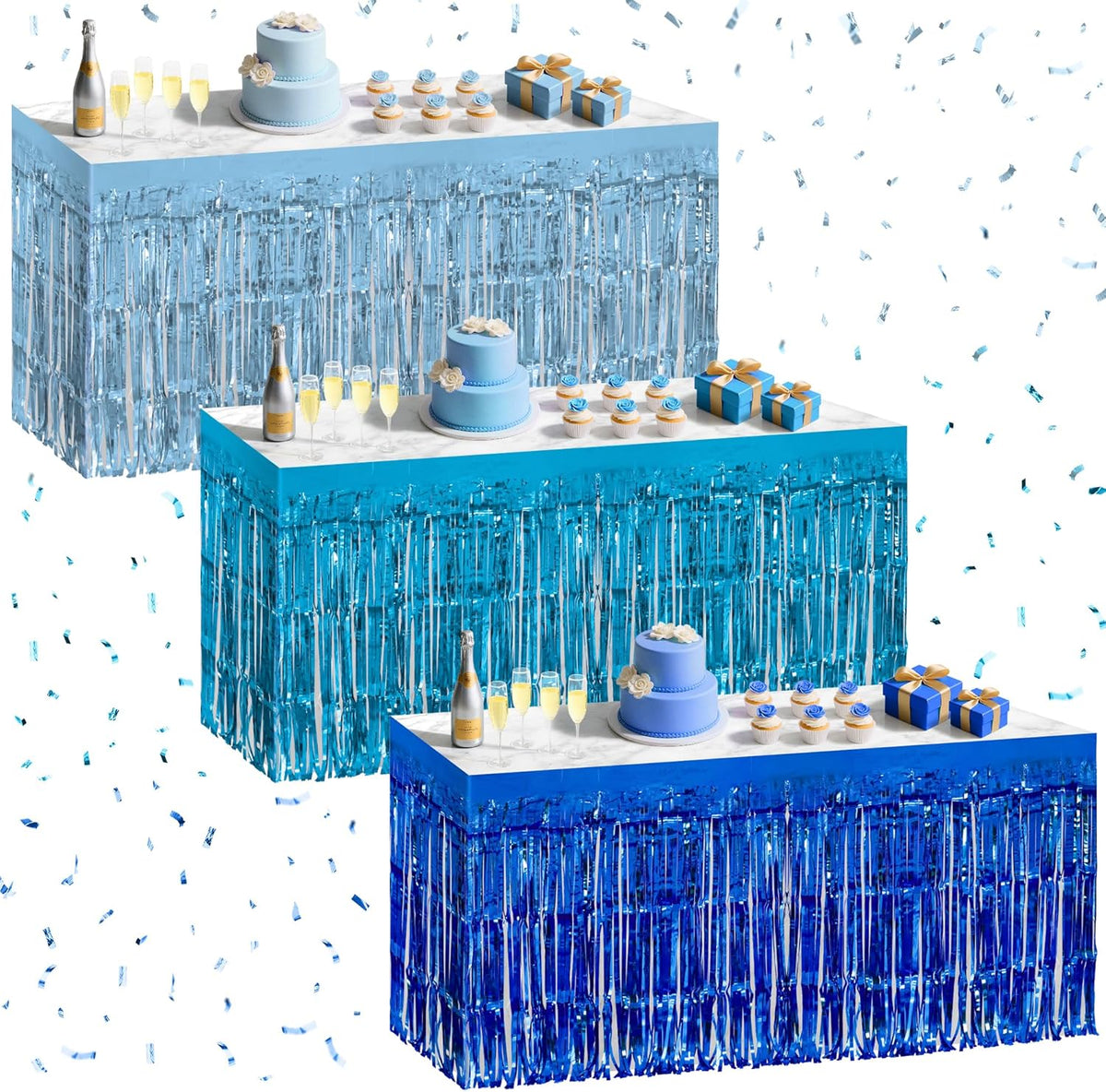 3 Pack Blue Series Table Skirts, 29x108" Metallic Foil Tinsel Fringe Table Skirt for Rectangle