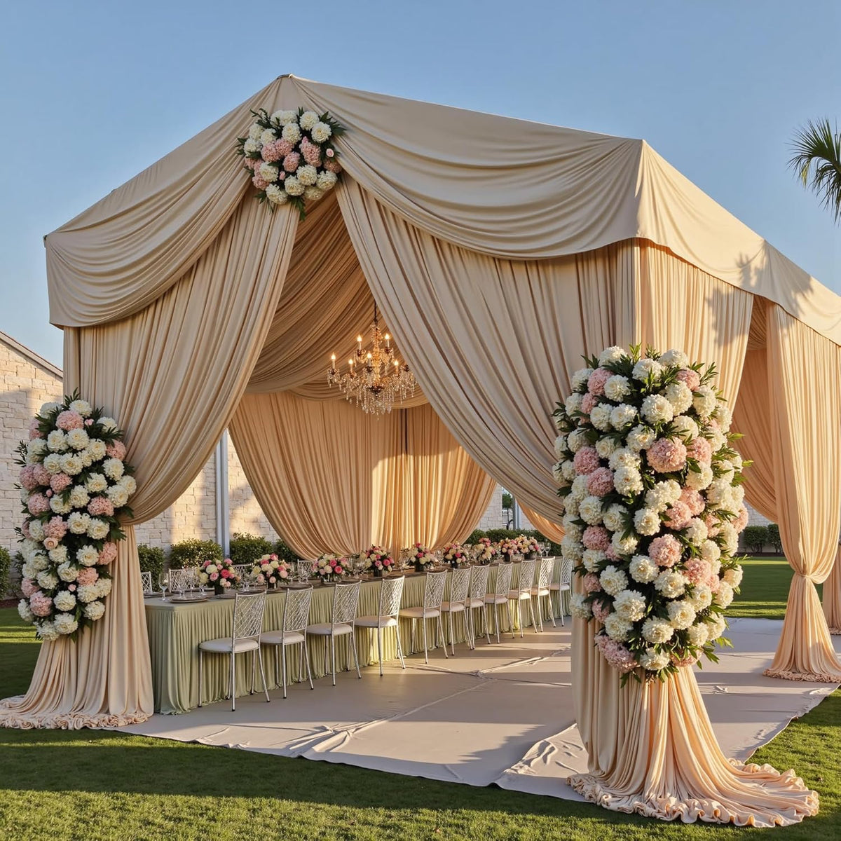 PartyVillage 2 Panels 5ftx30ft Beige Ceiling Drapes for Wedding Parties – 30 FT Extra Long Thick