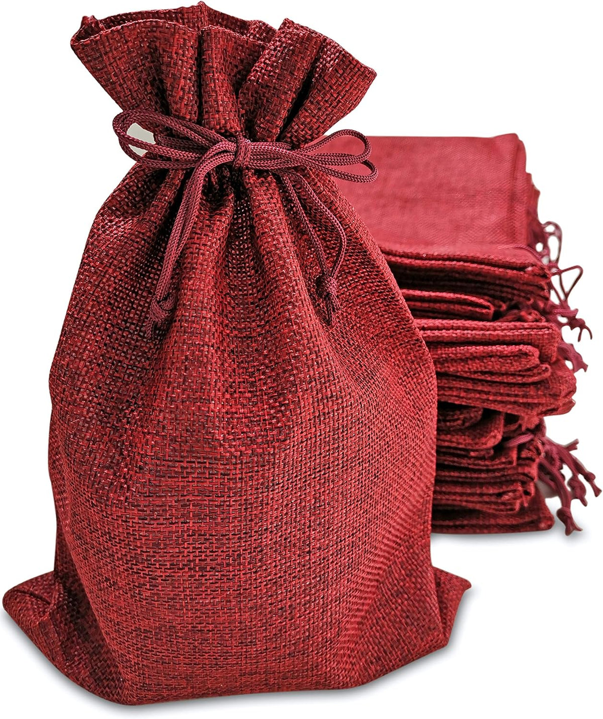 50 Red Burlap Bags with Drawstring, 5x8 Inch (5x7 Internal) Gift Bag Bulk Pack for Christmas